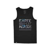 Black kids tank top front view with Dirt Bike Kidz camo logo in gray and blue.