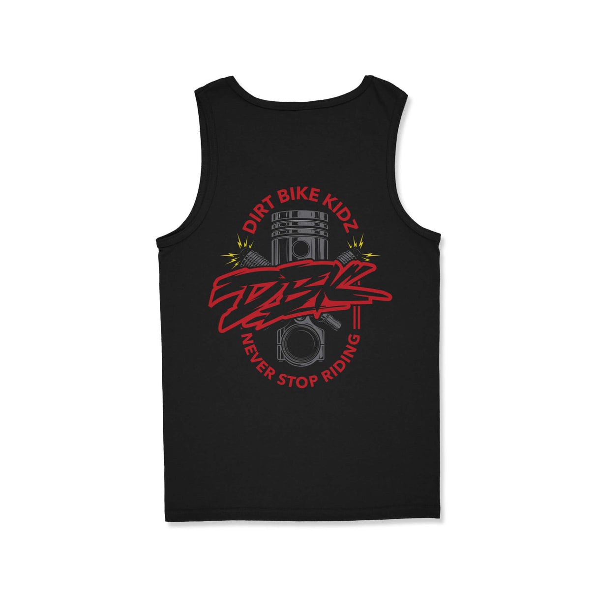 Kids black tank top with large Dirt Bike Kidz logo graphic at center front