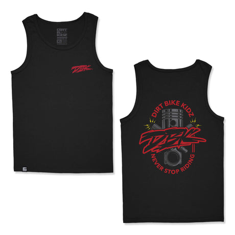 Kids black tank top pair showing front and back views with red logo graphics