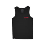 Kids black tank top with small red chest logo and crew neck opening