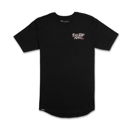 Black tall tee with small front logo on short sleeve
