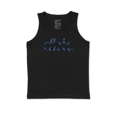 Youth black tank top front view with blue “DBK” logo and crew neckline