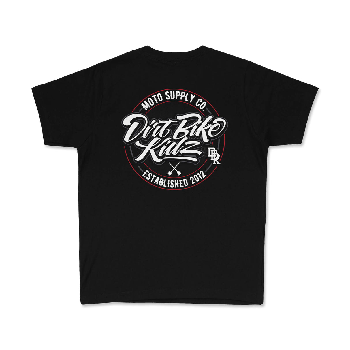 Black youth premium tee with Moto Supply Co. circular Drift Bike Kidz logo on back.