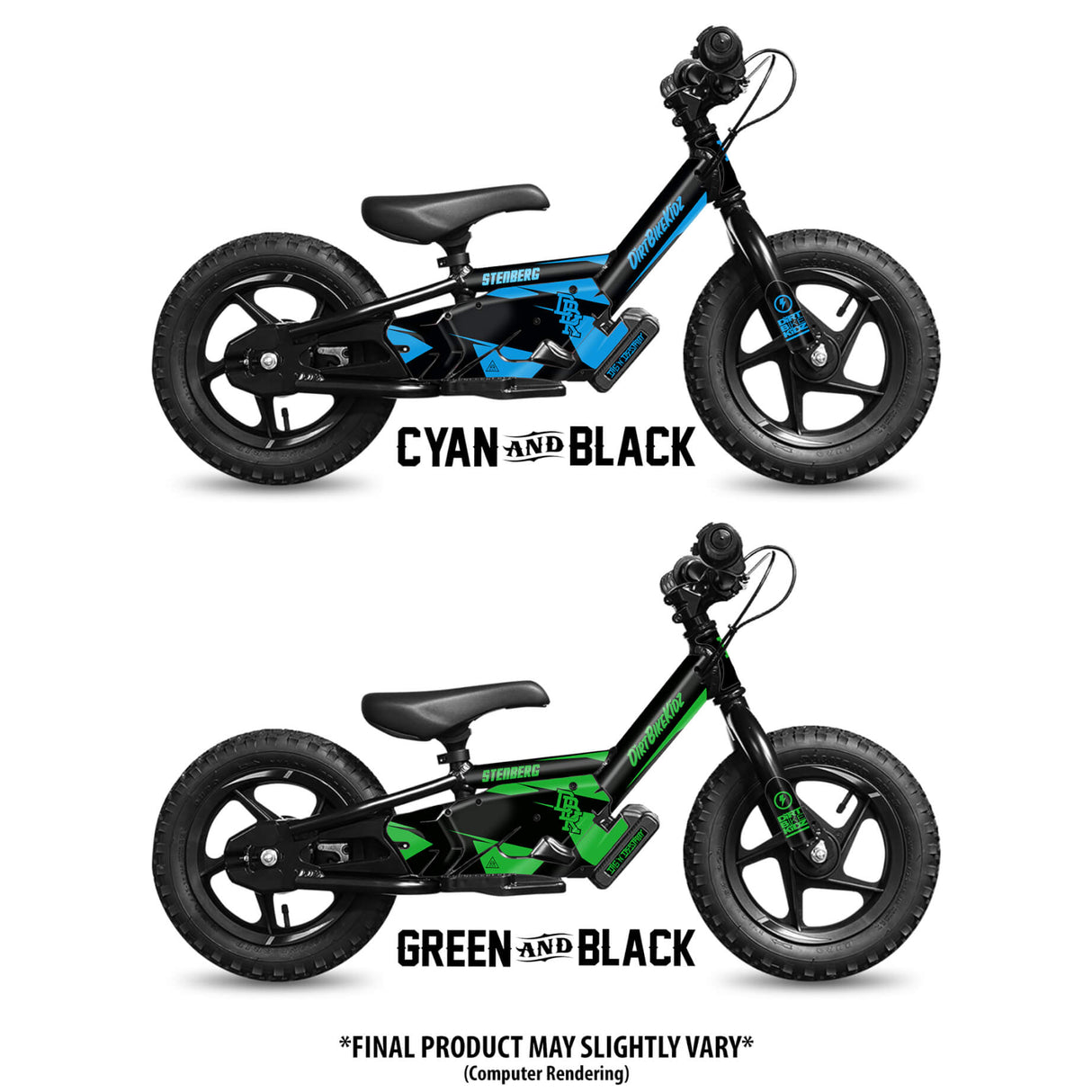 Signature Series balance bikes in cyan/black and green/black, side views with saddle