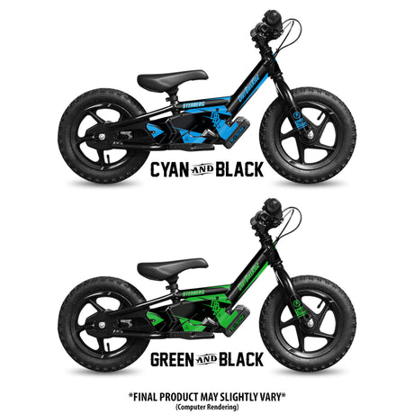 Signature Series balance bikes in cyan/black and green/black, side views with saddle