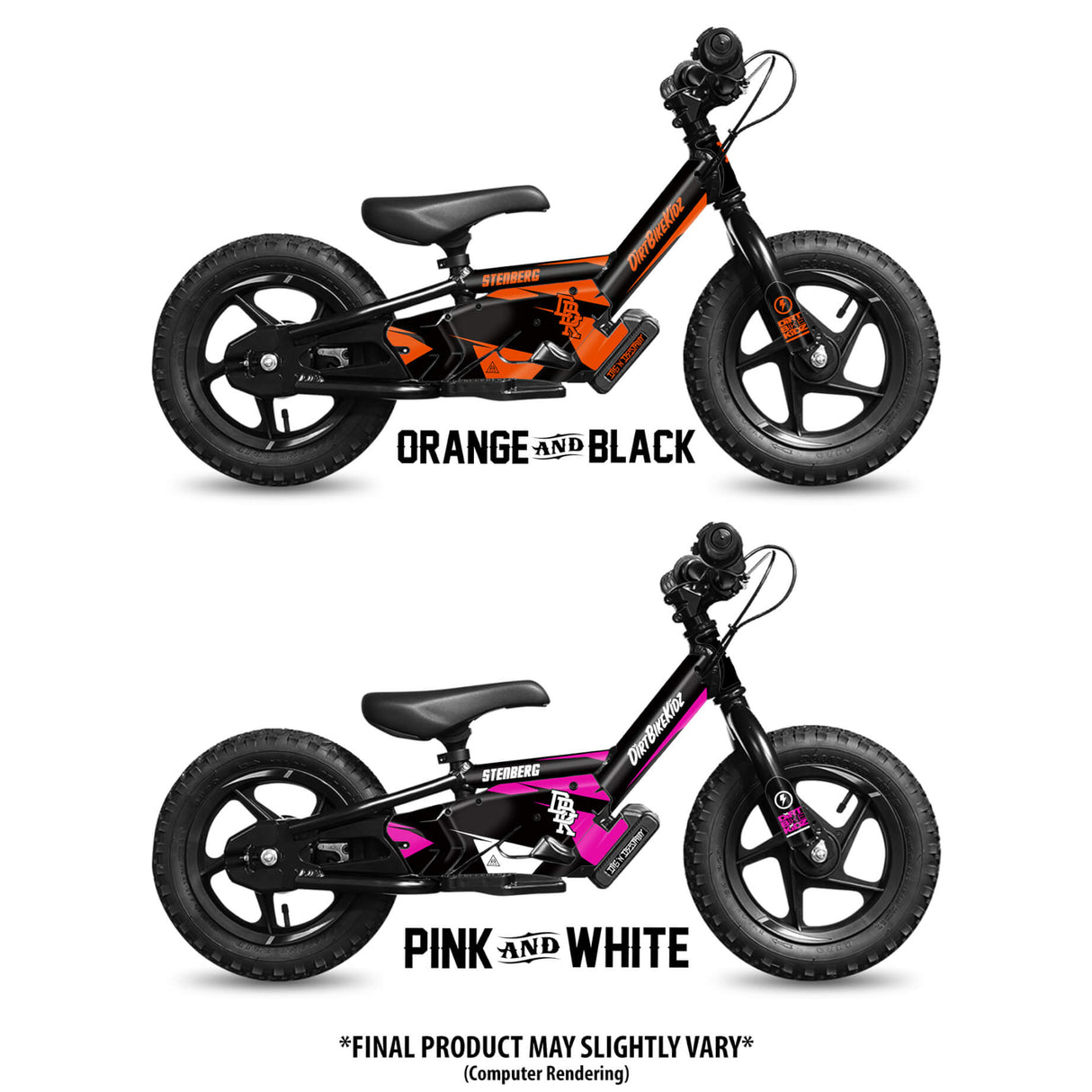 Signature Series balance bikes in orange/black and pink/white, side views with saddle