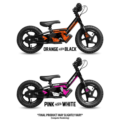 Signature Series balance bikes in orange/black and pink/white, side views with saddle