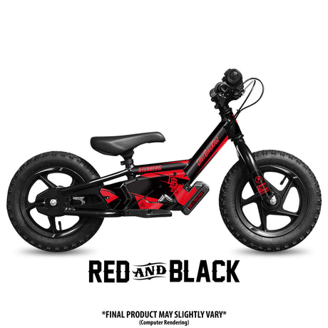 Stacyc Signature Series balance bike, red and black side view with front fork and saddle