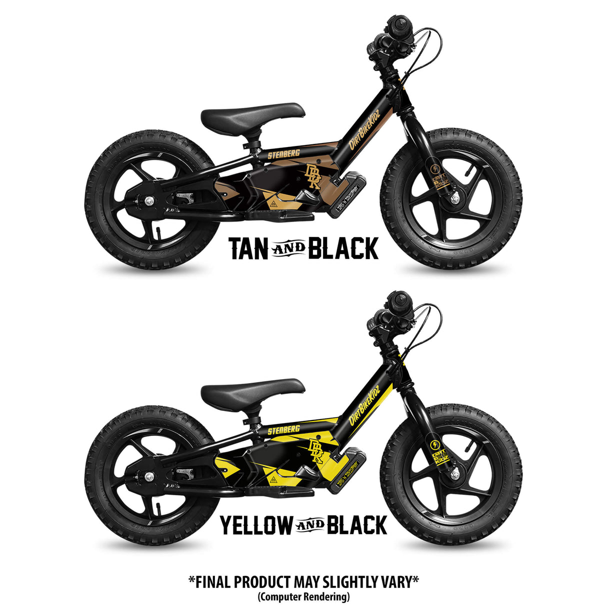 Signature Series balance bikes in tan/black and yellow/black, side views with saddle