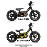 Signature Series balance bikes in tan/black and yellow/black, side views with saddle