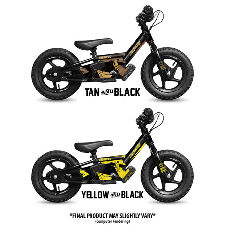 Signature Series balance bikes in tan/black and yellow/black, side views with saddle