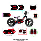 Stacyc Signature Series balance bike decals and parts diagram with battery and front plate