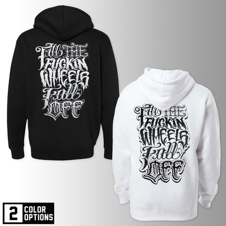 Hoodie pair in black and white, large back graphic print, pullover hood, kangaroo pocket