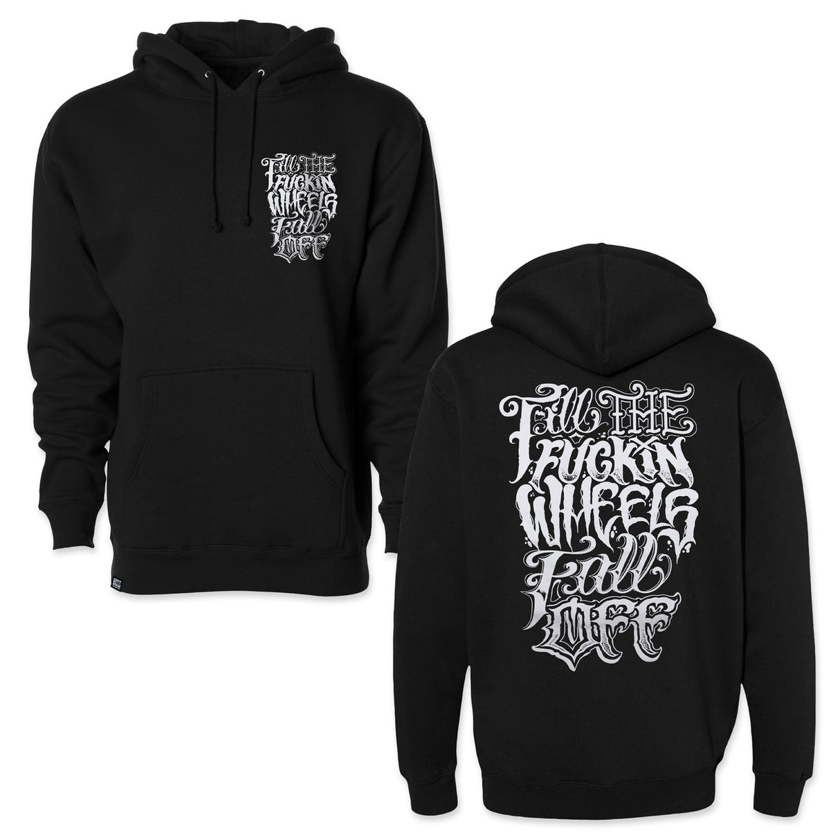 Black hoodie with small chest logo and large back graphic, pullover style.