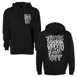 Black hoodie with small chest logo and large back graphic, pullover style.