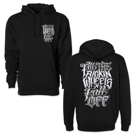 Black hoodie, front chest logo and back graphic print, pullover hood, kangaroo pocket