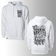 Hoodie in white with front and back graphic logo, drawstring hood.
