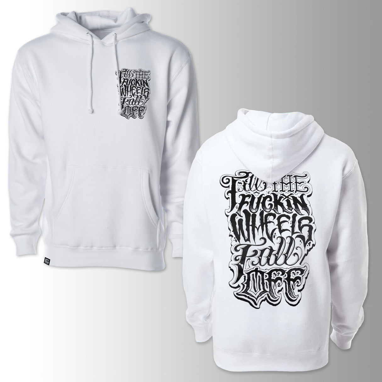 Hoodie in white with front and back graphic logo, drawstring hood.