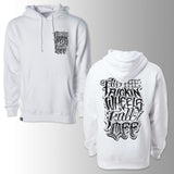 Hoodie in white with front and back graphic logo, drawstring hood.