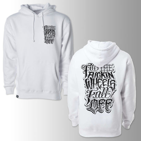 White hoodie, front chest logo and back graphic print, pullover hood, drawstring