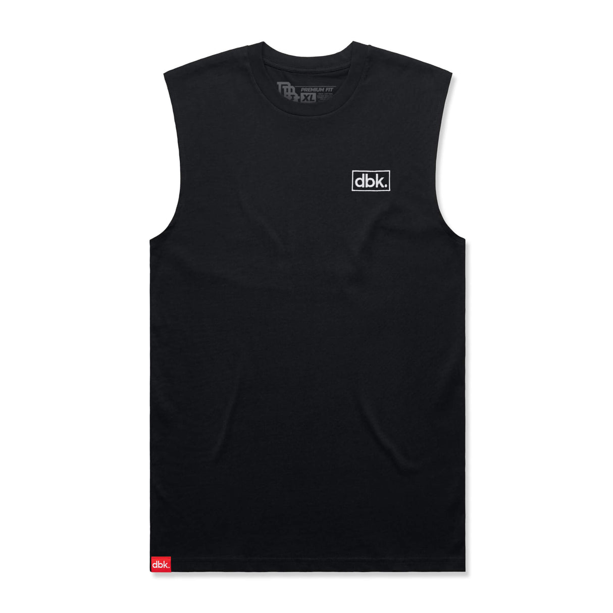 Black athletic tank top with dbk logo at chest and red dbk tag at hem