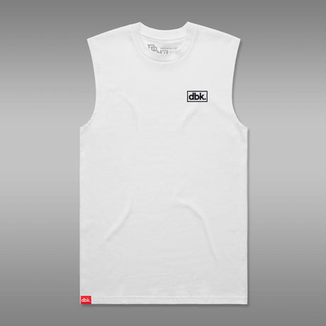 White athletic tank top with dbk logo at chest and red tag at hem