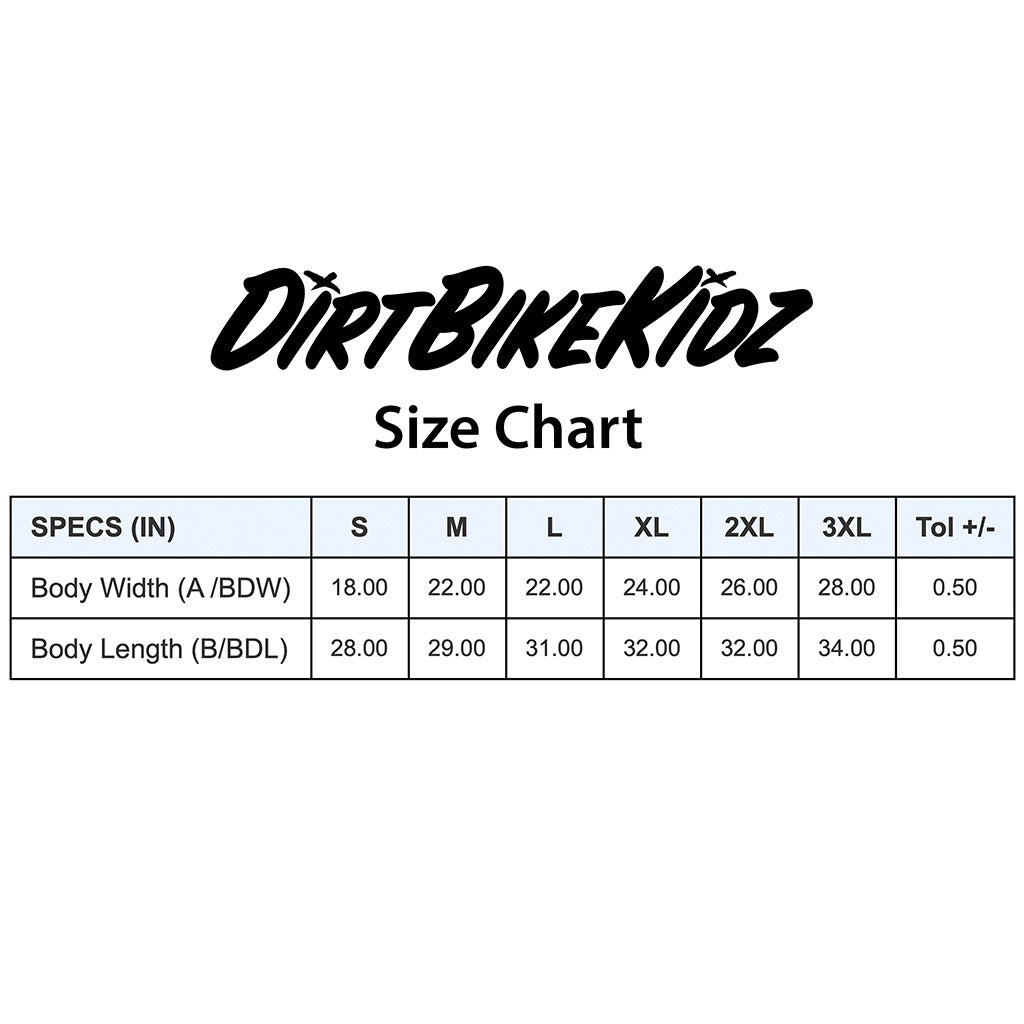 Tank top size chart with specs table for body width and body length (inches)