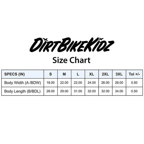 Tank top size chart with specs table for body width and body length (inches)