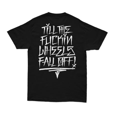 Black FU Tee with centered back graphic typography and crew neck short sleeves.