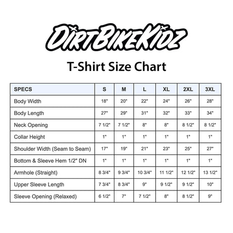 T-shirt size chart with body measurements for sizes S to 3XL