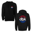 DBK World hoodie in black with front kangaroo pocket and drawstring hood; logo on chest