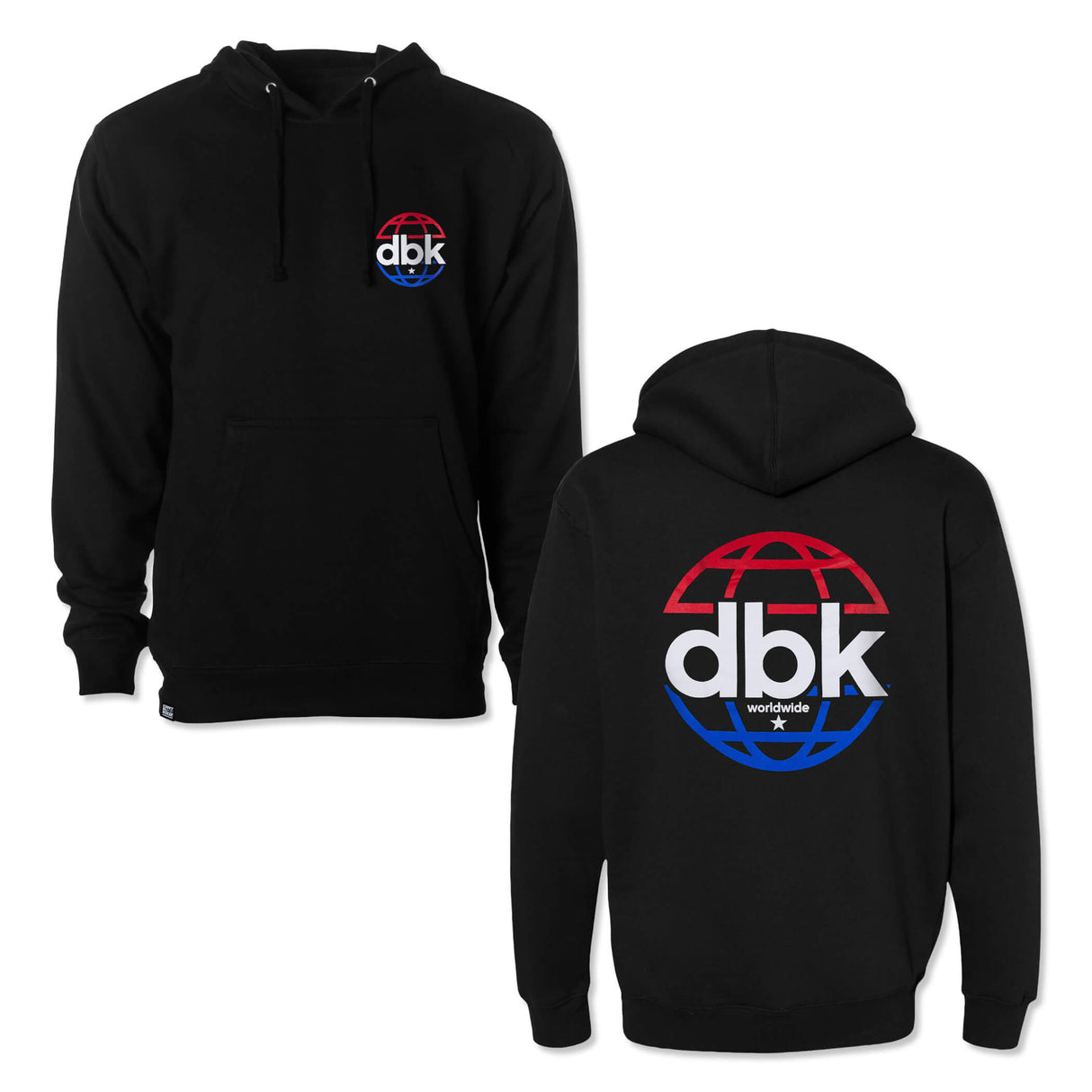 DBK World hoodie in black with front kangaroo pocket and drawstring hood; logo on chest