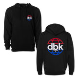DBK World hoodie in black with front kangaroo pocket and drawstring hood; logo on chest