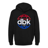 Black hoodie back view with large globe “dbk worldwide” graphic; pullover hood