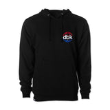 Black DBK World hoodie from back view with small chest logo; pullover hood and front pocket