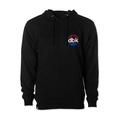 Black DBK hoodie with kangaroo pocket, drawstring hood, and back globe logo.