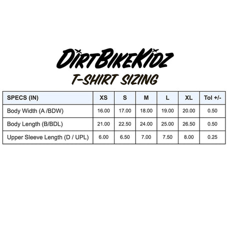 Youth T-shirt sizing chart with measurement table for XS–XL