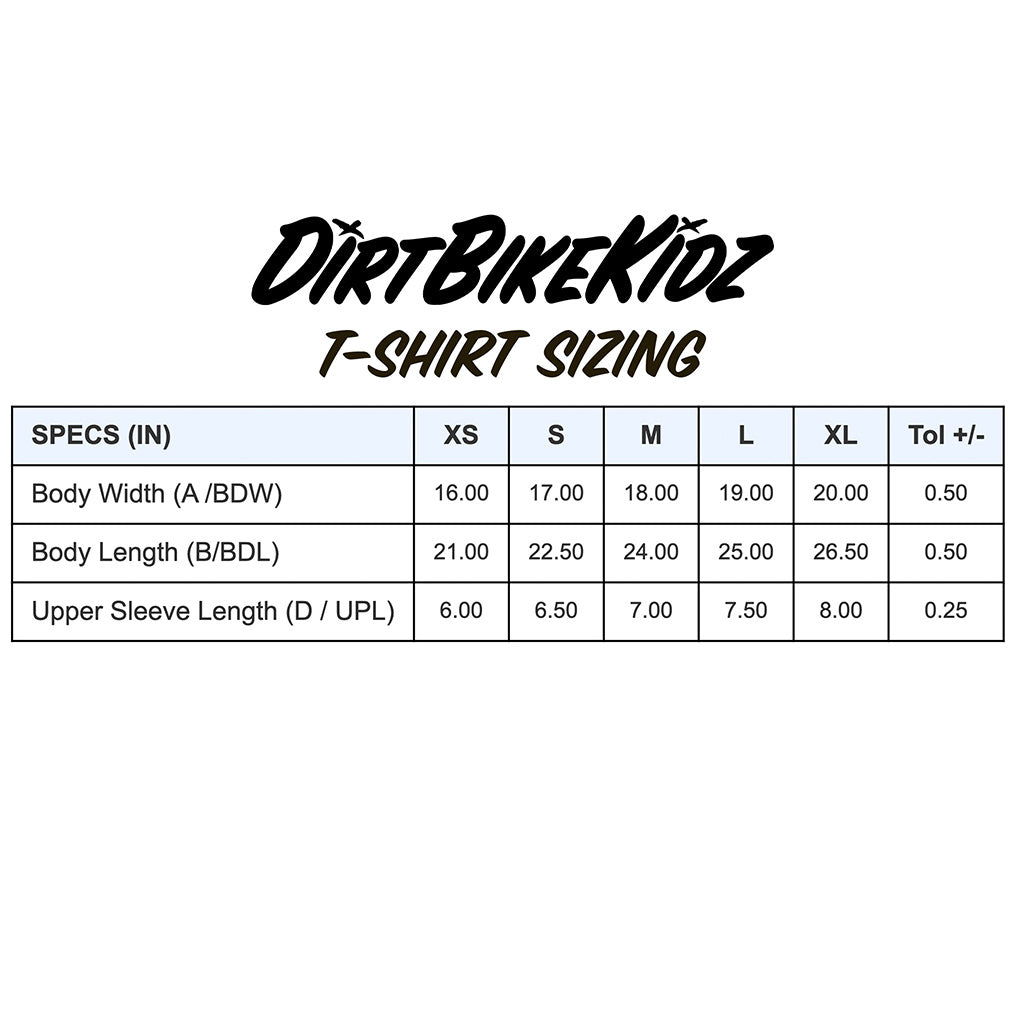 Youth T-shirt size chart table with body width and length specs