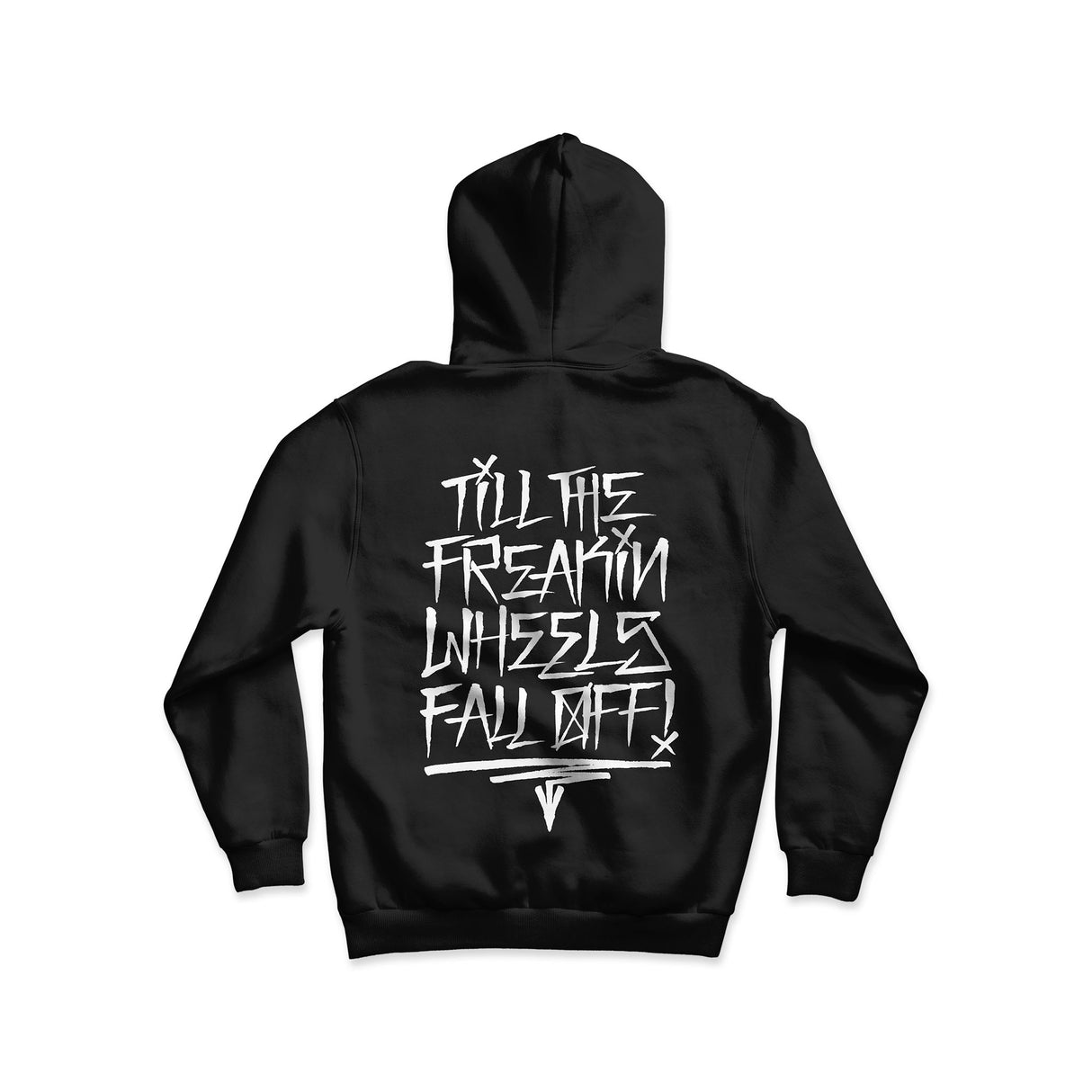 Youth black hoodie, back view with large white graffiti-style graphic and hood