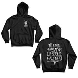 Youth black hoodie with front pocket, chest hand logo; back graphic print shown