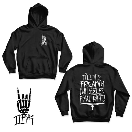 Youth black hoodie with front pocket, chest hand logo; back graphic print shown