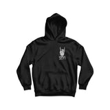 Youth black hoodie, front view with chest hand logo and kangaroo pocket
