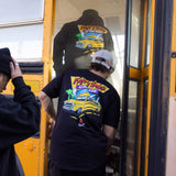 Black Fast Times graphic T-shirt shown from the back with bus artwork and flame icon