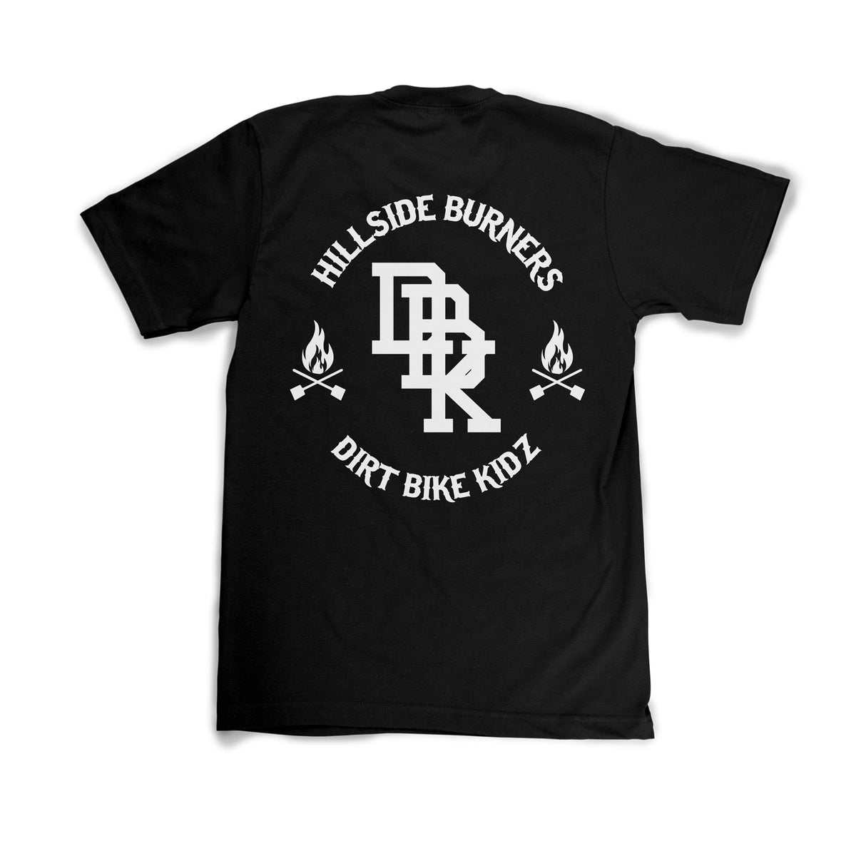 Black T-shirt with large back graphic logo and flame icons