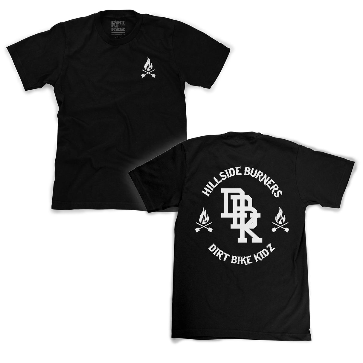 Black graphic T-shirt with small flame logo at left chest