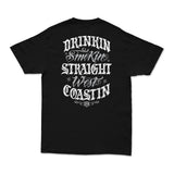 Black crewneck graphic T-shirt with white back text design