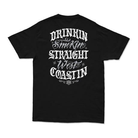 Black crewneck graphic T-shirt with white back text design