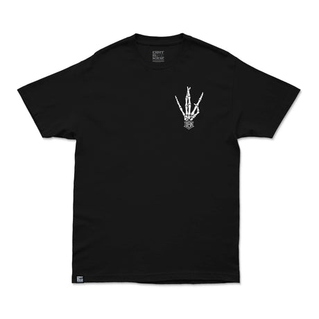 Black crewneck graphic T-shirt with white back text and hand emblem