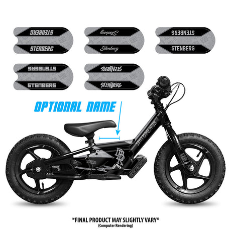Black bicycle with custom side graphics; accessory name selection layout shown