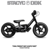 Black small-wheel bicycle with custom side graphics and decals, seat, fork, and wheels